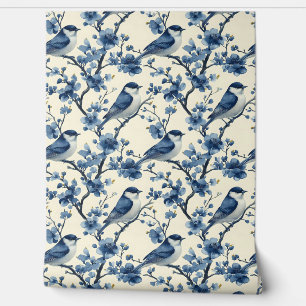 Vintag Delft Blue Little Birds Chinoiserie Tapete
