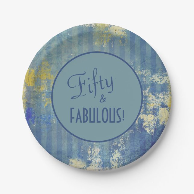 Vintag Denim Blue Fifty & FABULOUS! Geburtstag Pappteller (Vorderseite)