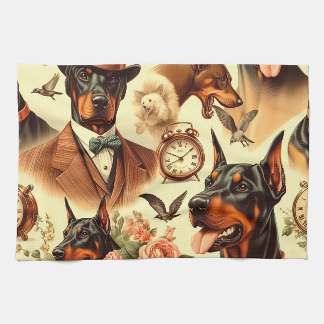 Vintag Doberman Seamless Illustration Geschirrtuch (Horizontal)