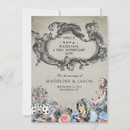 Vintag Dusty Blue Alice im Wunderland Wedding Save The Date