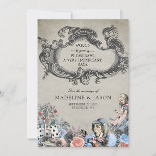 Vintag Dusty Blue Alice im Wunderland Wedding Save The Date