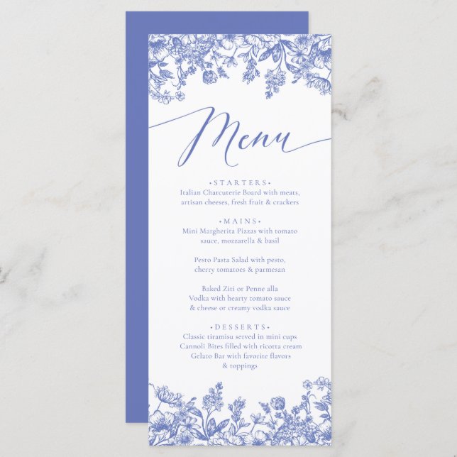 Vintag Dusty Blue Floral Chinoiserie Botanisch Menükarte (Vorne/Hinten)