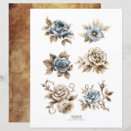 Vintag Dusty Blue Floral Ephemera Fussy Cuts