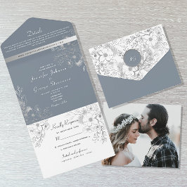 Vintag Dusty Blue Floral Wedding All In One Einladung