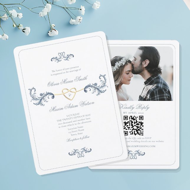 Vintag Dusty Blue Foto Hochzeit Einladung mit QR (Von Creator hochgeladen)