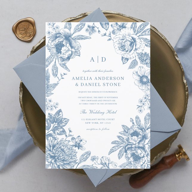 Vintag Dusty Blue Garden Monogram Wedding Einladung (Von Creator hochgeladen)