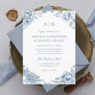 Vintag Dusty Blue Garden Monogram Wedding Einladung