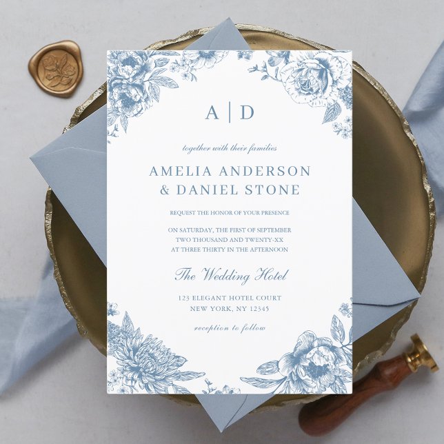 Vintag Dusty Blue Garden Monogram Wedding Einladung (Von Creator hochgeladen)