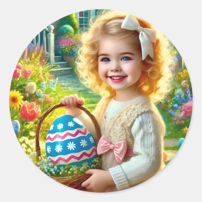 VINTAG EASTER GIRL ~ EGG WOW! RUNDER AUFKLEBER (Vorderseite)