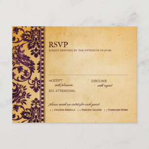 Vintag Eggplant Damask Lace Wedding RSVP Karte