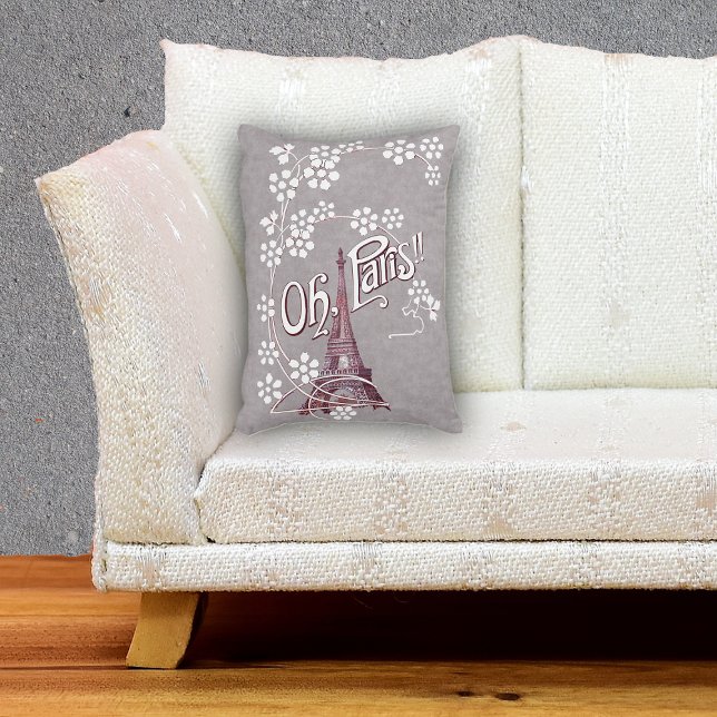 Vintag Eiffelturm Oh Paris Frankreich Daisy Zierkissen (Eiffel Tower surrounded by white daisy flowers with Oh, Paris text on grey decorative pillow.)