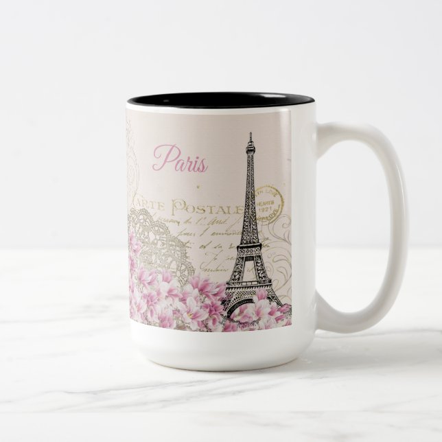 Vintag Eiffelturm Paris Postkarte Zweifarbige Tasse (Rechts)
