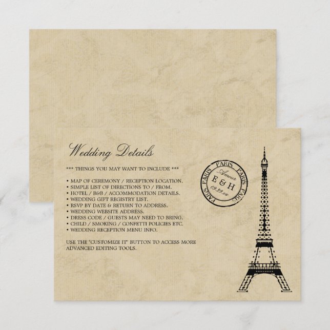 Vintag Eiffelturm Paris Postmark Wedding Begleitkarte (Vorne/Hinten)