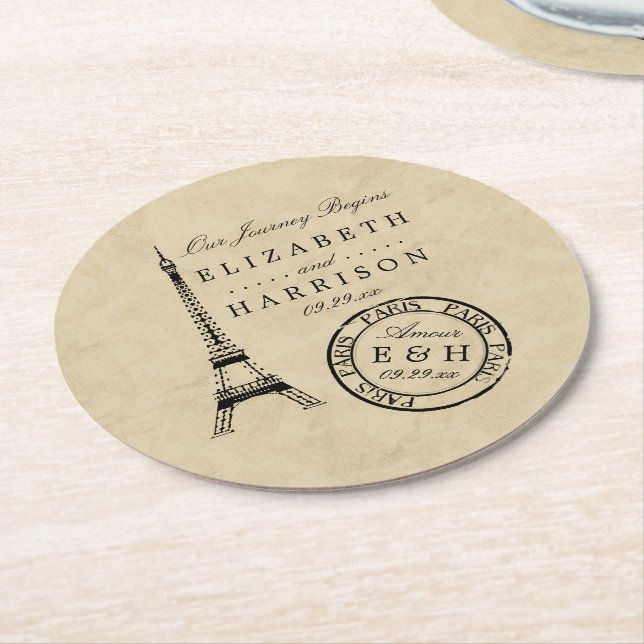 Vintag Eiffelturm Paris Postmark Wedding Runder Pappuntersetzer (Angewinkelt)