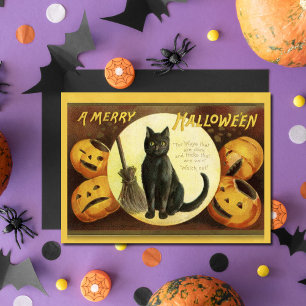 Vintag ein froher Halloween Black Cat Broom Feiertagskarte
