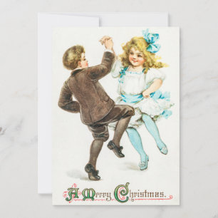 Vintag ein froher Weihnachtsjunge und Mädchentanz Feiertagskarte