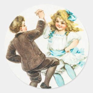 Vintag ein froher Weihnachtsjunge und Mädchentanz Runder Aufkleber