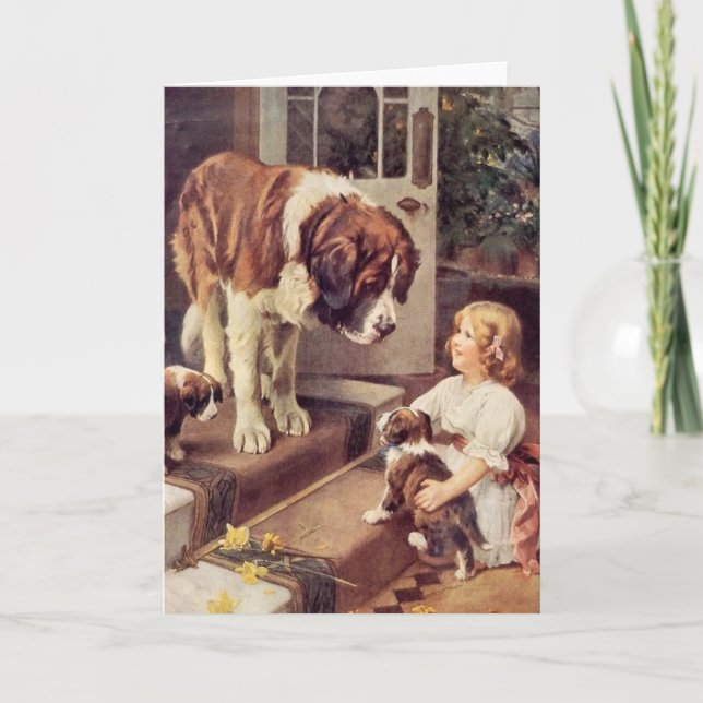 Vintag - ein Girl & Her Saint Bernard Hunde, Karte (Vorderseite)