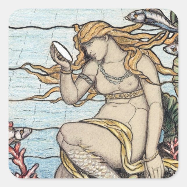 Vintag Elihu Vedder Mermaid Festglas Quadratischer Aufkleber (Vorderseite)