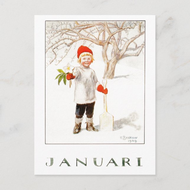 Vintag Elsa Beskow Januar Postkarte (Vorderseite)