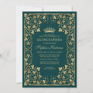 Vintag Emerald Green Gold Frame Tiara Quinceanera Einladung