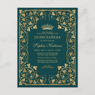 Vintag Emerald Green Gold Frame Tiara Quinceanera Einladungspostkarte