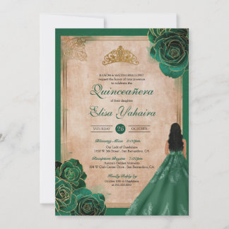 Vintag Emerald Green Gold Rose Royal Quinceanera Einladung