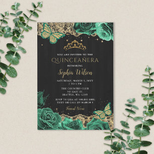 Vintag Emerald Green Rose Gold Lace Quinceañera Einladung