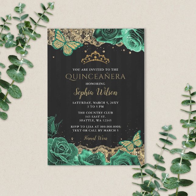 Vintag Emerald Green Rose Gold Lace Quinceañera Einladung (Green Roses Butterfly Quinceanera Invitation)