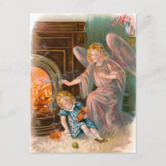 Vintag Engel, Schutzengel Mädchen und Feuer Postkarte (Vorderseite)