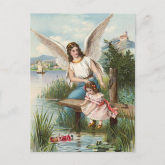 Vintag Engel Schutzengel mit Mädchen Postkarte