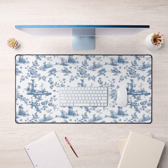 Vintag Englisch Floral Toile de Jouy-Blue Schreibtischunterlage (Büro 1)