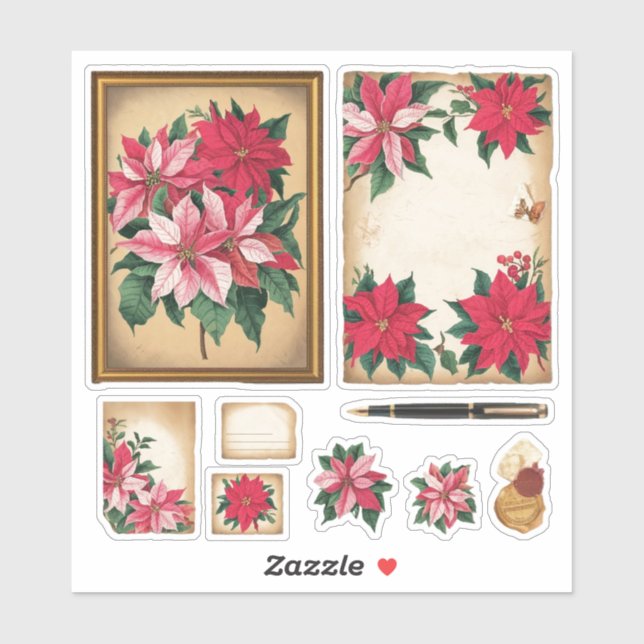 Vintag Ephemera Christmas Poinsettia Stickers Aufkleber (Blatt)