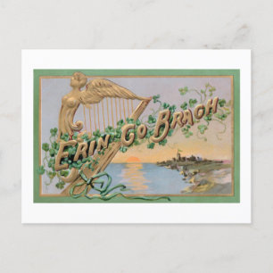 Vintag Erin Go Bragh, Gold Irish Harp & Kleeblatts Feiertagspostkarte