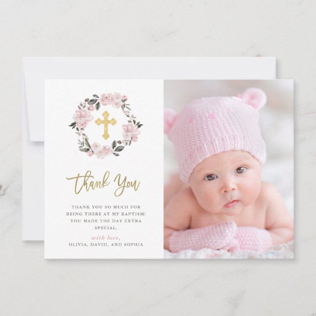 Vintag erröten Blumen- und GoldquerFoto-Taufe Dankeskarte (Vorderseite)