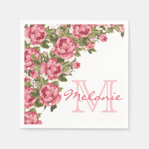 Vintag erröten rosa Rosen Pfingstrosen Name, Serviette