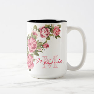 Vintag erröten rosa Rosen Pfingstrosen Name, Zweifarbige Tasse