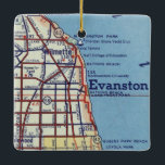 Vintag Evanstown IL Karte Keramikornament<br><div class="desc">Vintage Karte mit Evanston Illinois und Willmette,  Rogers Park Beach und Sheridan Shore Yacht Club.</div>