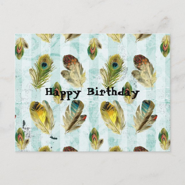 Vintag Feathers Happy Birthday Postkarte (Vorderseite)