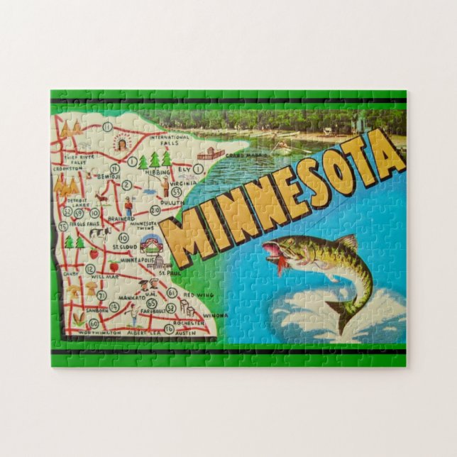 Vintag Fishy Minnesota Karte Puzzle (Horizontal)