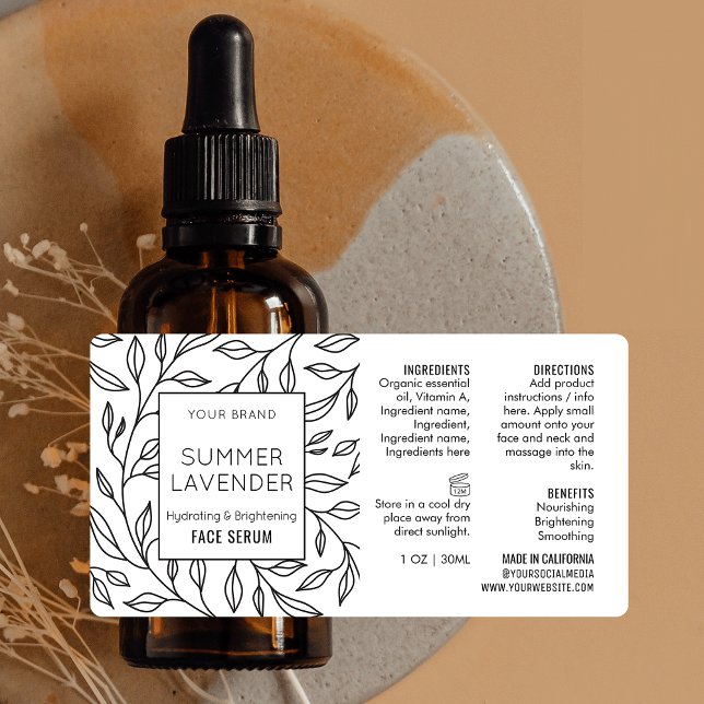 Vintag Floral 1 OZ HautpflegeDropper Flaschenetike Adressaufkleber (Minimalist black and white floral design small 1 OZ cosmetic bottle label *verify size*)