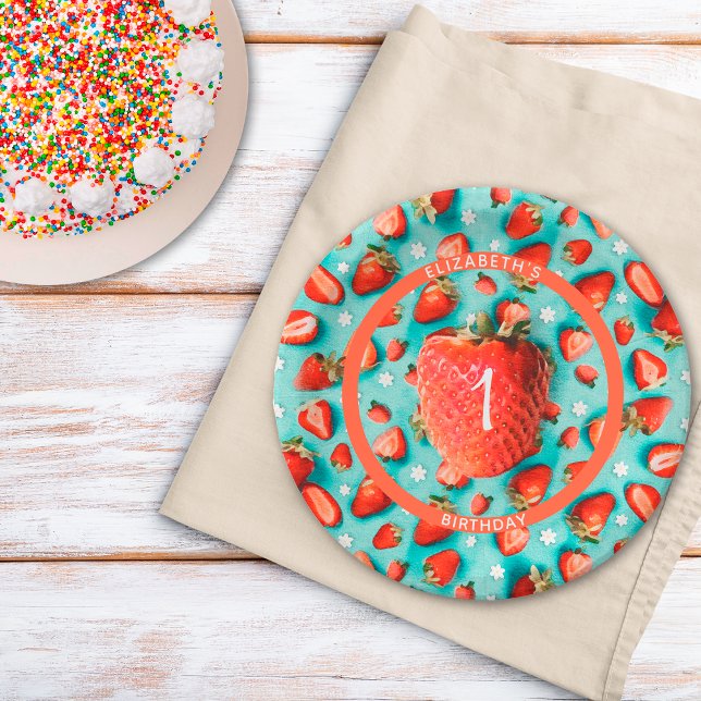 Vintag Floral Berry First Strawberry Birthday Pappteller (Von Creator hochgeladen)