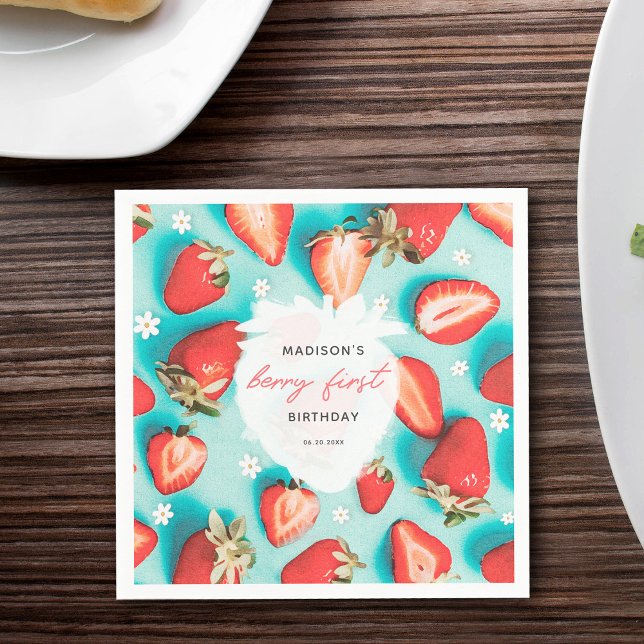Vintag Floral Berry First Strawberry Birthday Serviette (Von Creator hochgeladen)