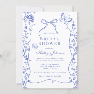 Vintag Floral Blue Chinoiserie Bow Brautparty Einladung