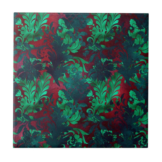 Vintag Floral Bright Burgundy Emerald Green Fliese (Vorderseite)