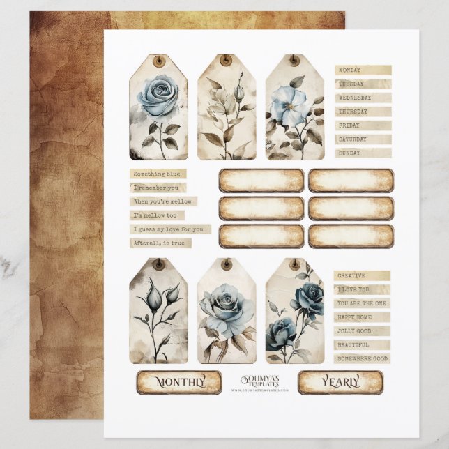 Vintag Floral Dusty Blue Rose Ephemera Set (Vorne/Hinten)