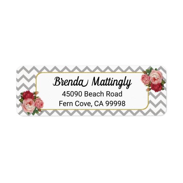 Vintag Floral Grau Chevrons Rose Rücksendeadresse (Vorne)