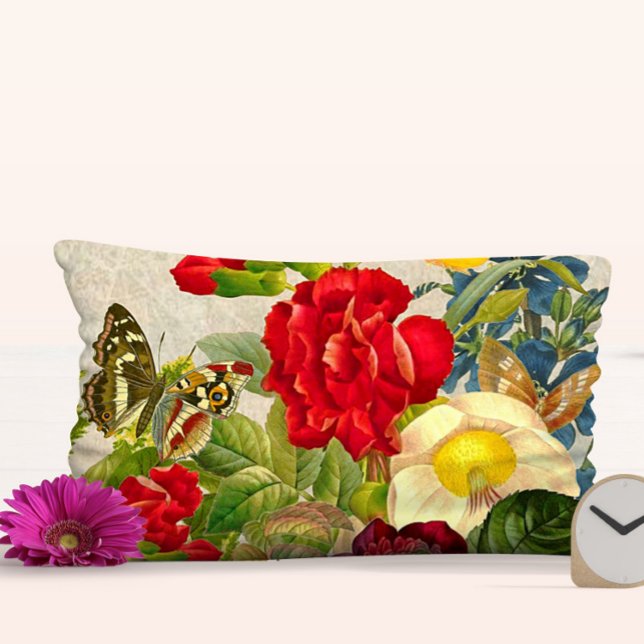Vintag Floral Rose Bouquet Butterfliegen Lendenkissen (Vintage Floral Rose Bouquet Butterflies Lumbar Pillow)