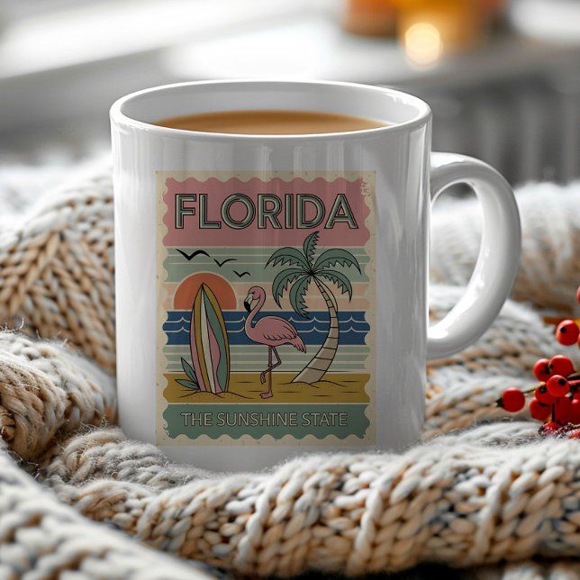 Vintag Florida Postcard Flamingo Palm Trees Kaffeetasse (Pink flamingo Florida sunset mug)