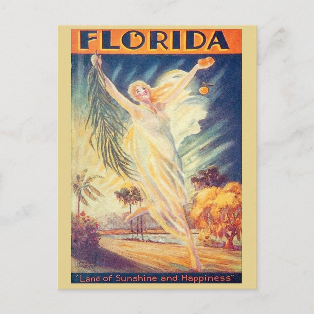 Vintag Florida Sunshine Nouveau Flying Woman Postkarte (Vorderseite)